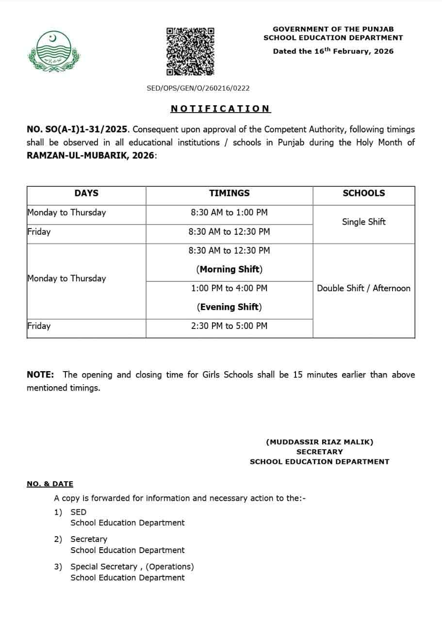 Notification Ramadan School Timings